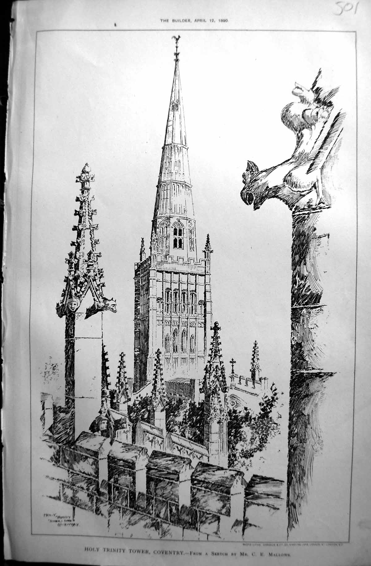 Old Print Holy Trinity Church Coventry Architecture Mallows 1890 Builder 19th
