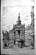 Old Antique Print 1890 Builder Fountain Market Place Mainz Street Scene 19th