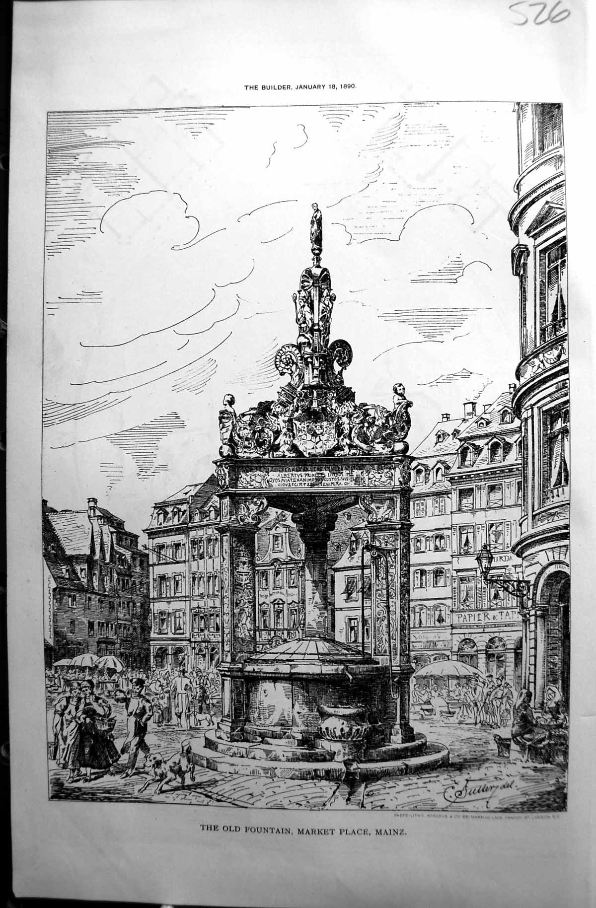 Old Antique Print 1890 Builder Fountain Market Place Mainz Street Scene 19th