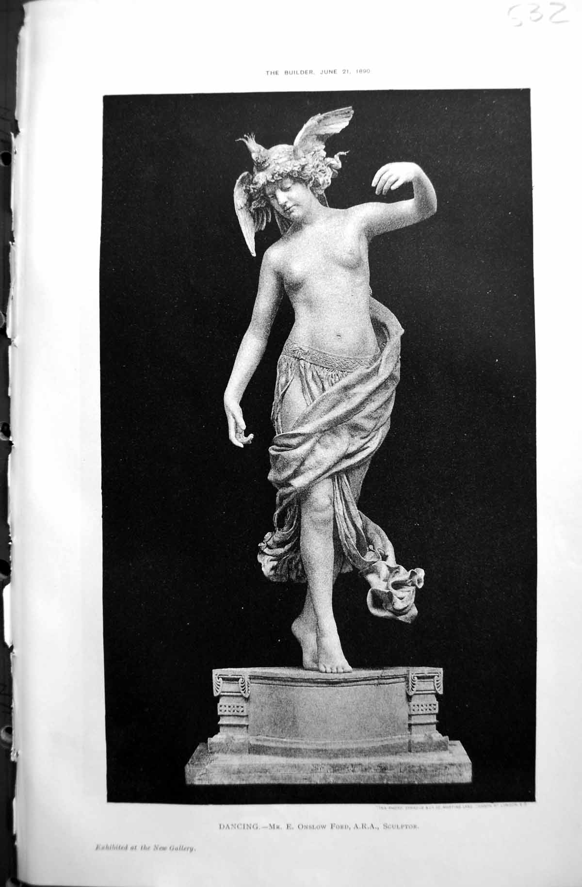 Original Old Antique Print 1890 Builder Sculpture Dancing Onslow Ford Sculptor