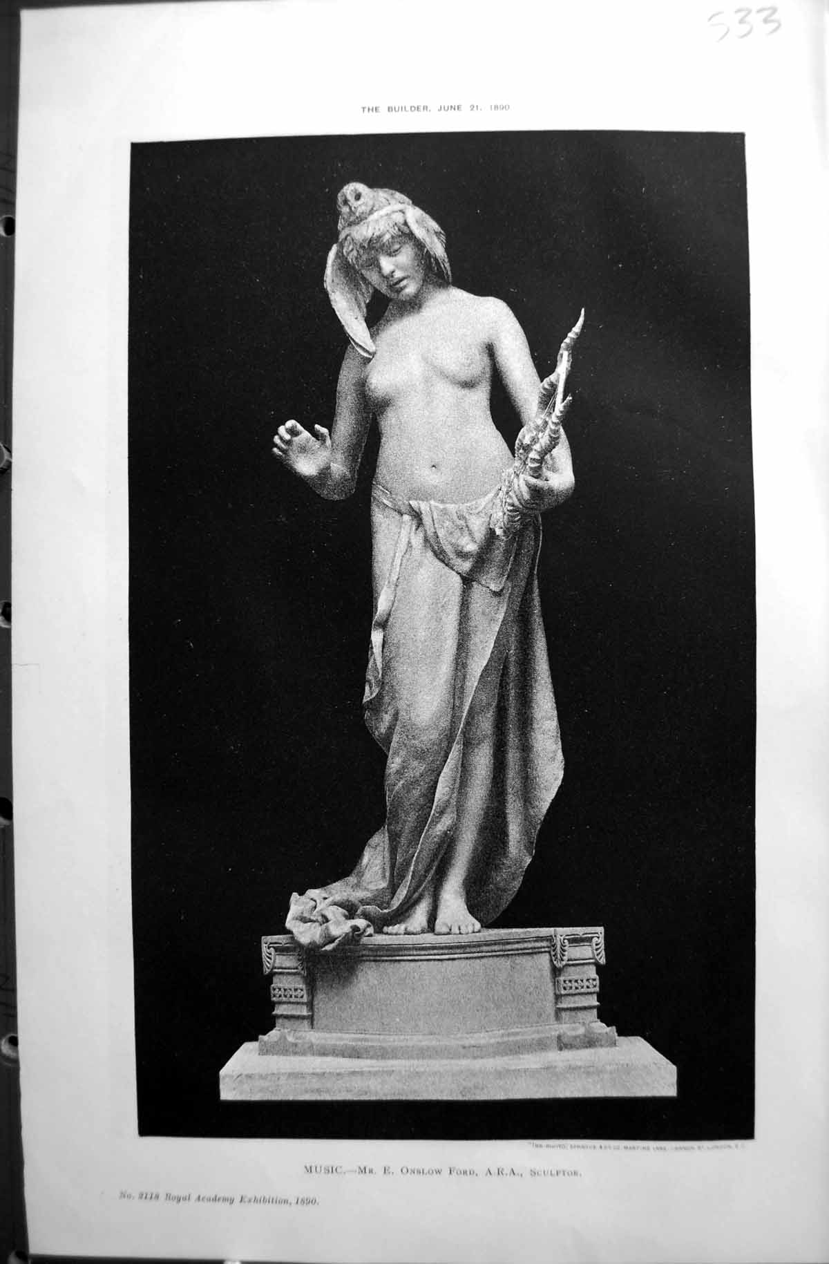 Original Old Antique Print 1890 Builder Sculpture Music Onslow Ford Sculptor