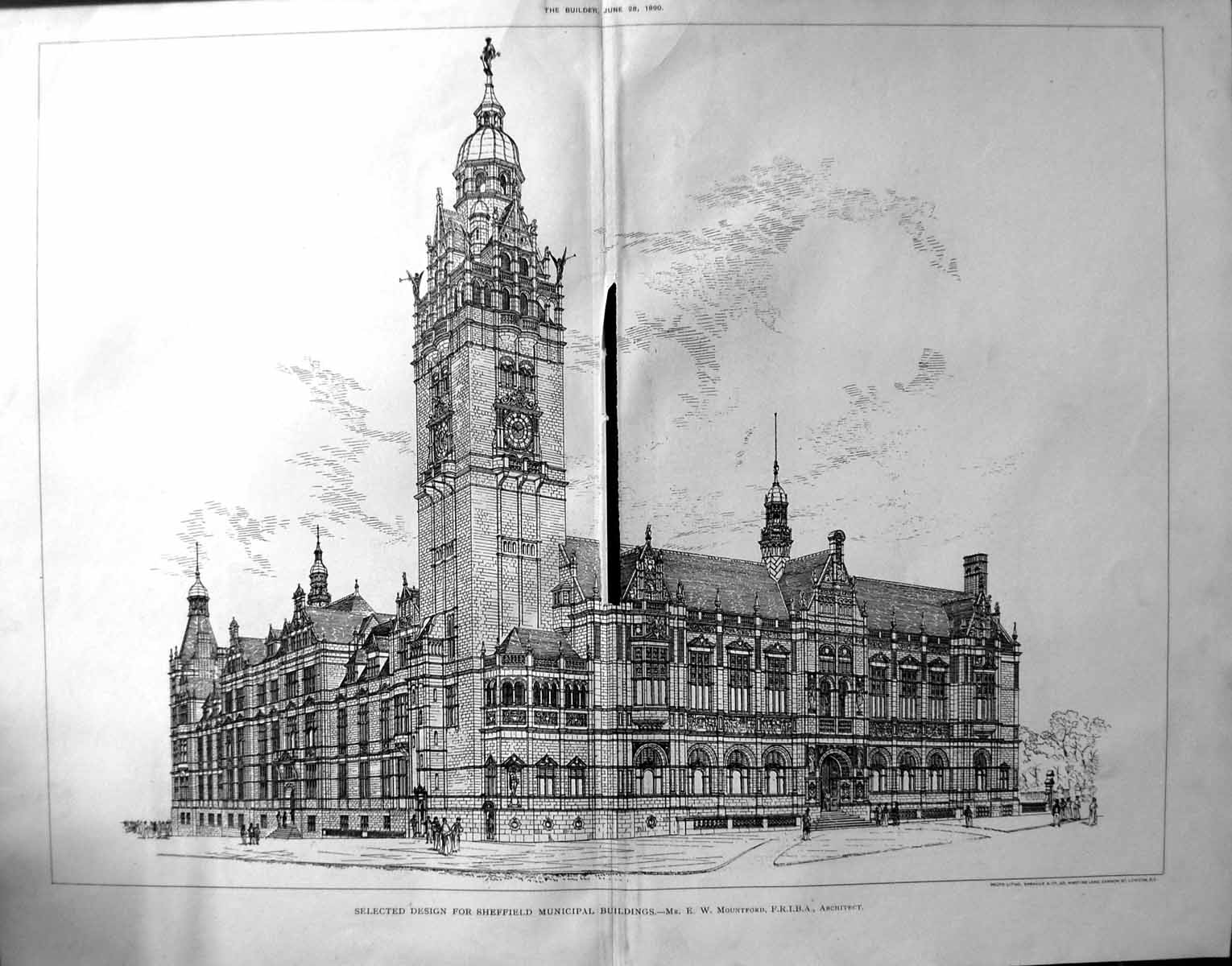 Old Damaged 1890 Builder Design Sheffield Municipal Buildings Mountfo 19th