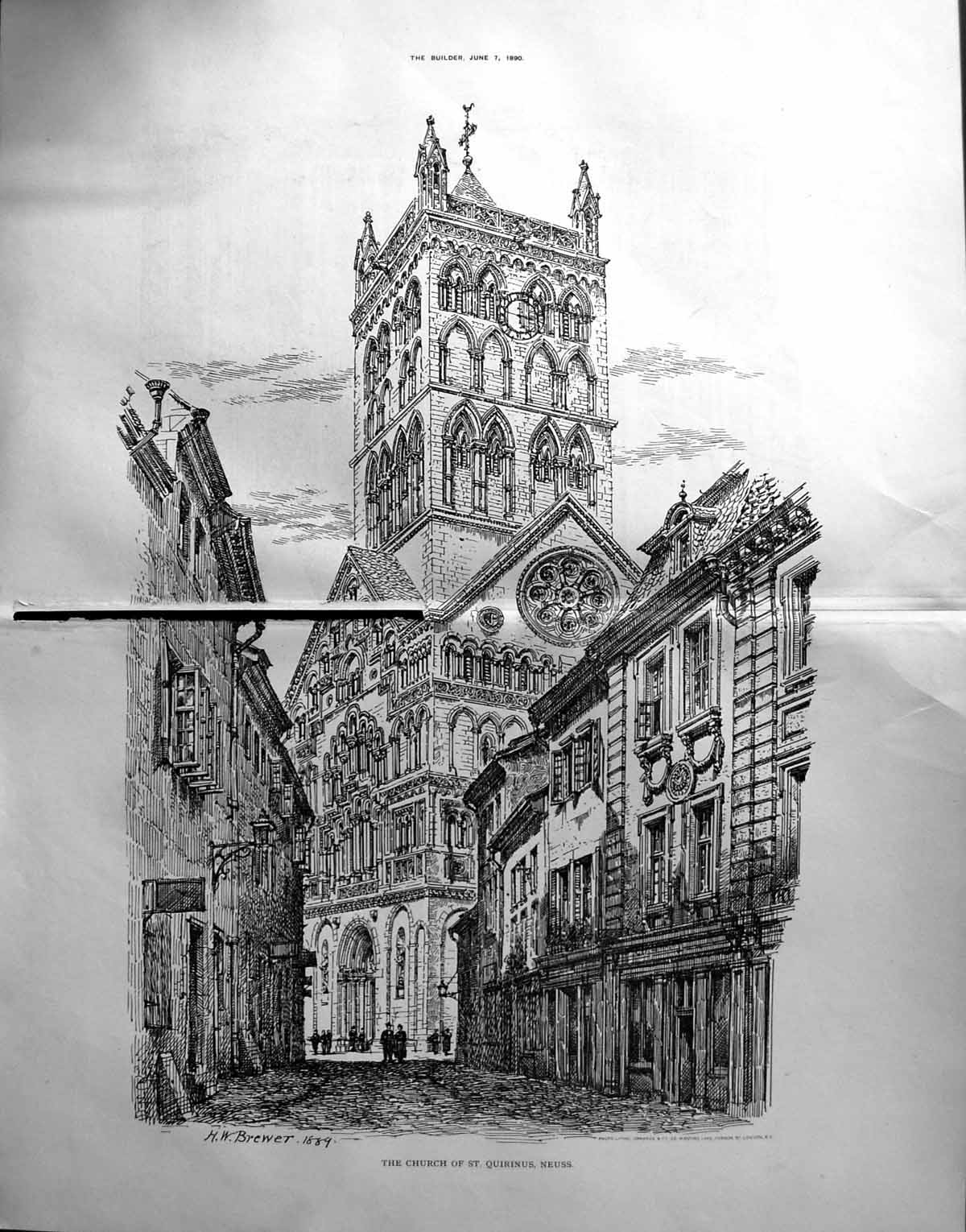 Antique Print Damaged 1890 Builder Church St. Quirinus Neuss Architecture 19th
