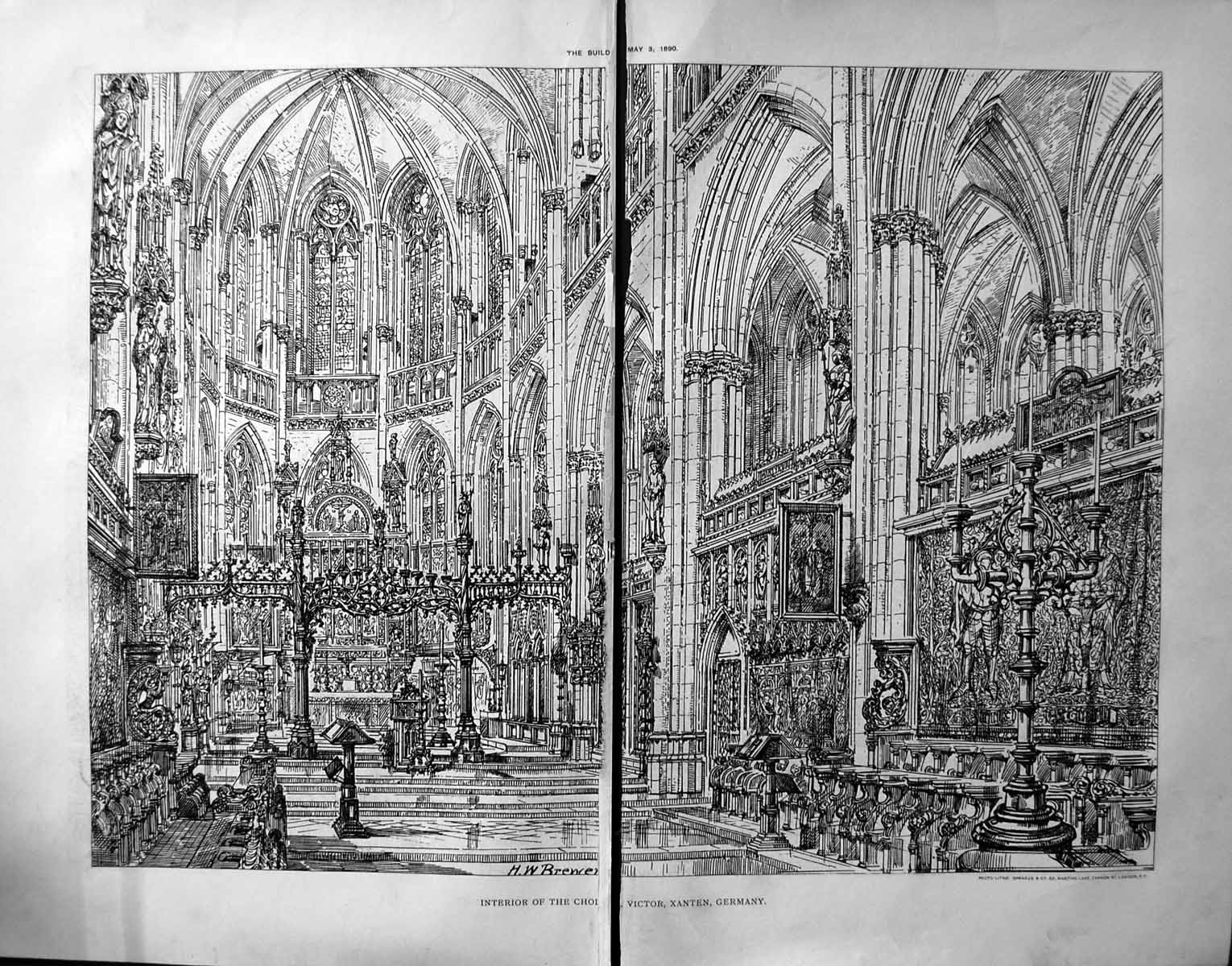 Old Print Damaged 1890 Builder Interior Choir St. Victor Xanten Germany 19th