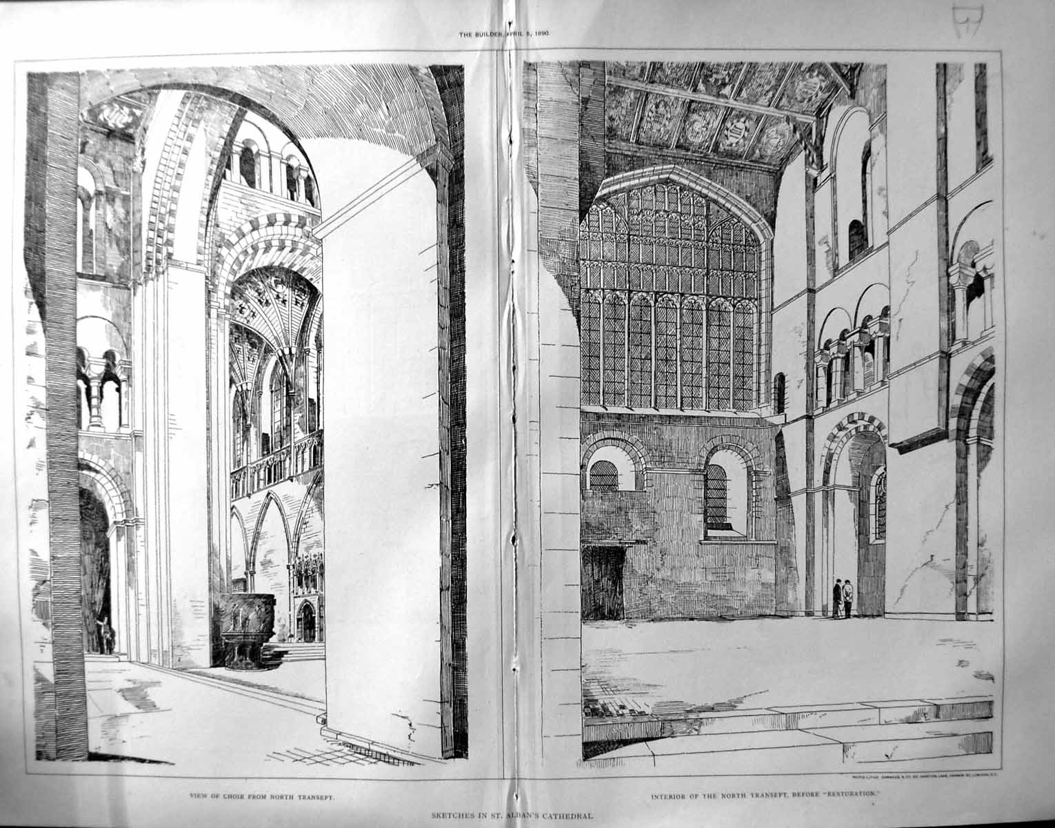 Antique Old Print Damaged 1890 Builder St. Alban'S Cathedral Transept Choir