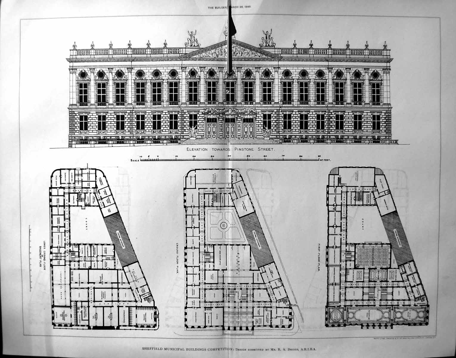Old Damaged 1890 Builder Sheffield Municipal Buildings Plan Briggs Ar 19th