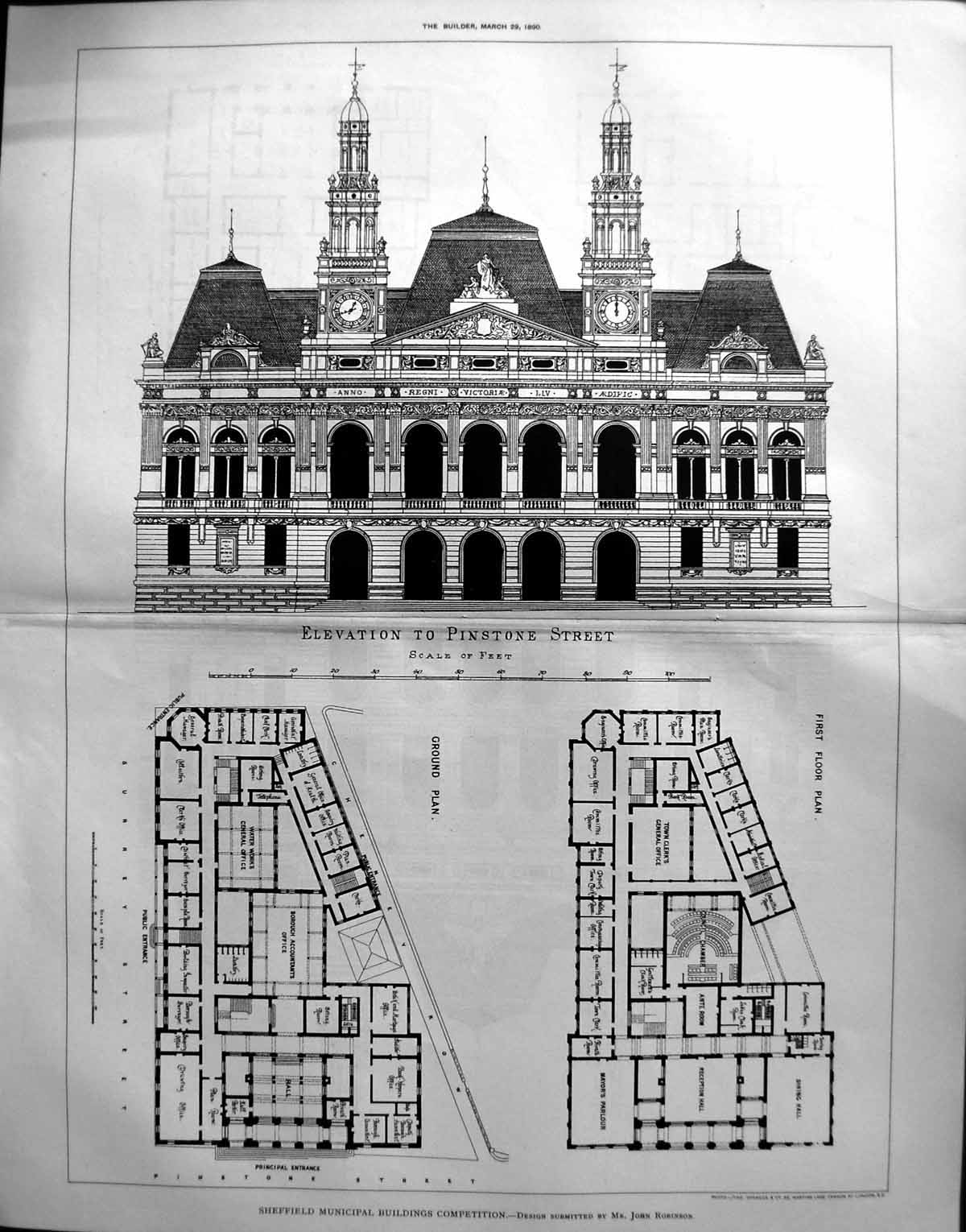 Old 1890 Builder Sheffield Municipal Buildings Plan John Robinson Arc 19th