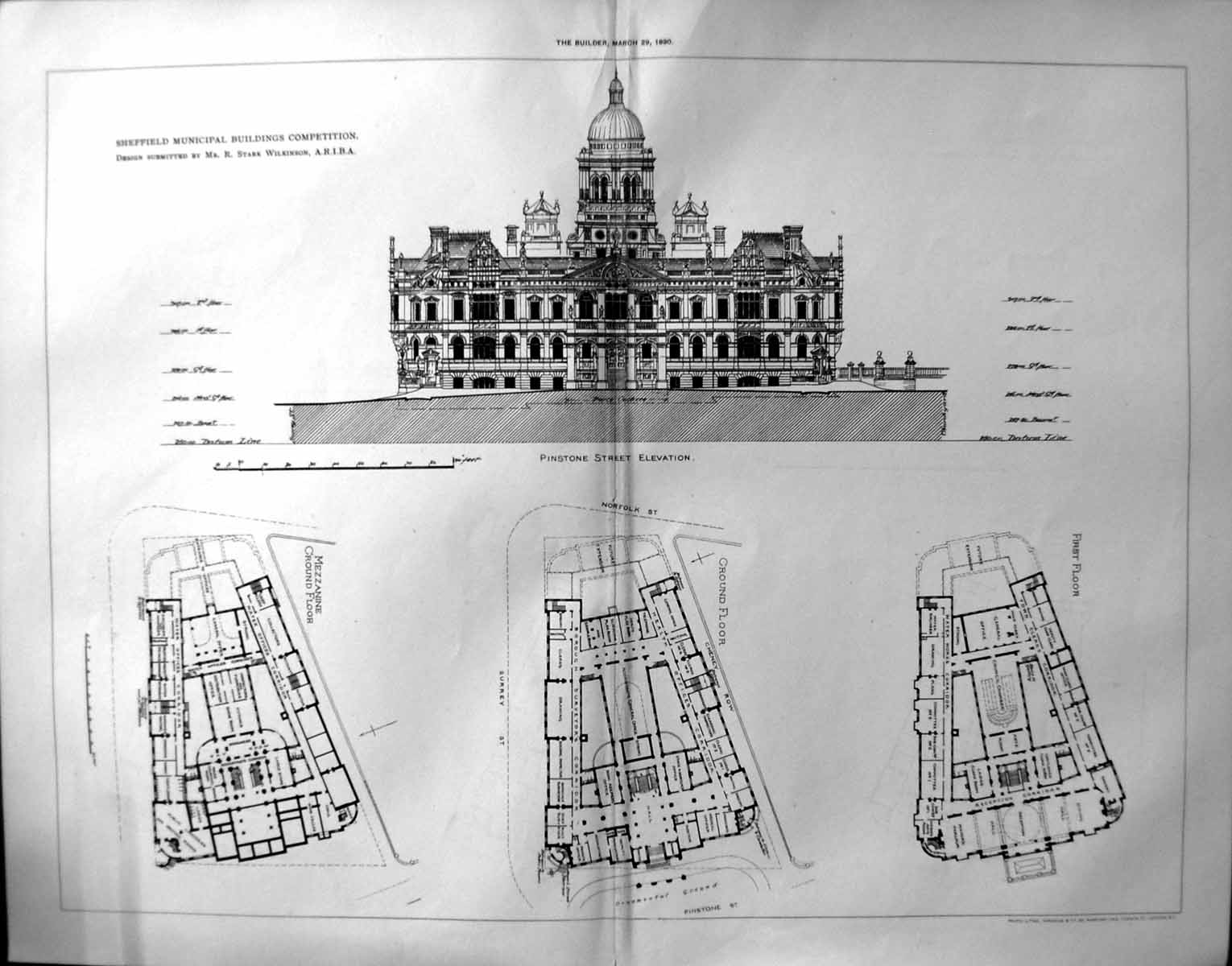 Old 1890 Builder Sheffield Municipal Buildings Stark Wilkinson Plan P 19th