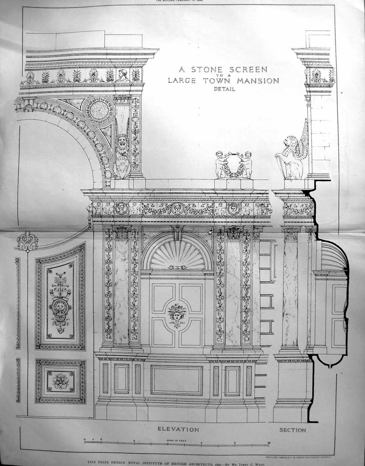Old 1890 Builder Stone Screen Large Town Mansion Prize Design James W 19th