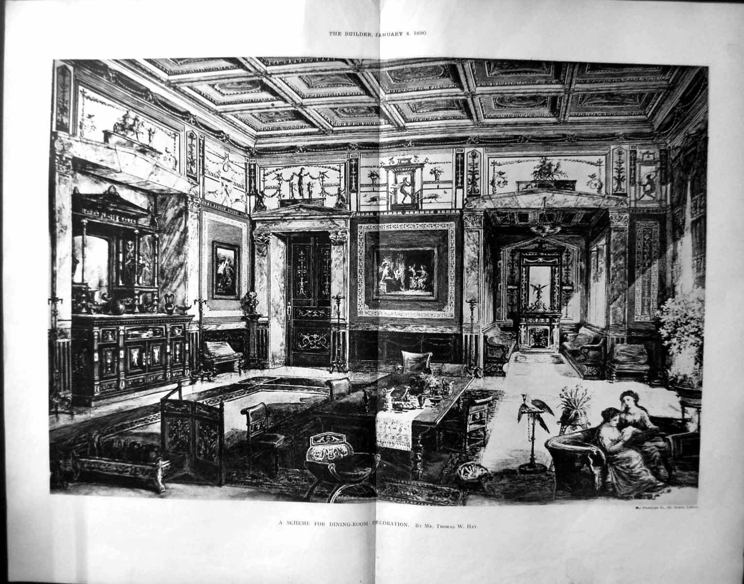 Antique Print 1890 Builder Scheme House Dining Room Decoration Thomas Hay 19th