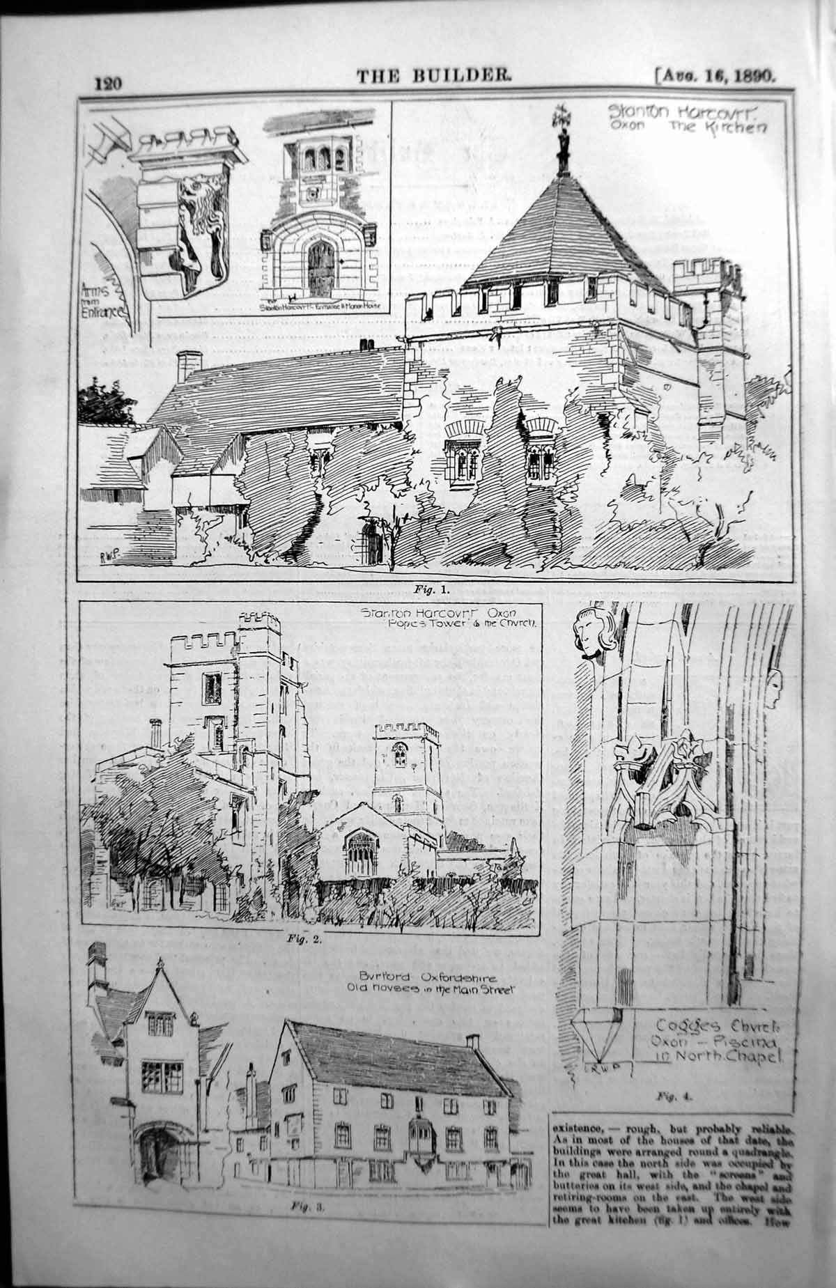 Old Antique Print Burford Oxfordshire Stanton Architecture 1890 Builder 19th
