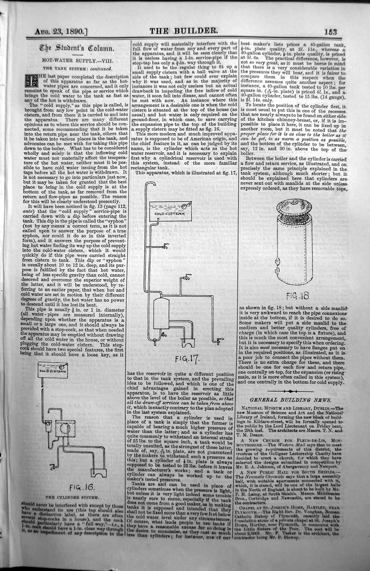 Original Old Antique Print Hot Water Supply Tank Cylinder System 1890 Builder