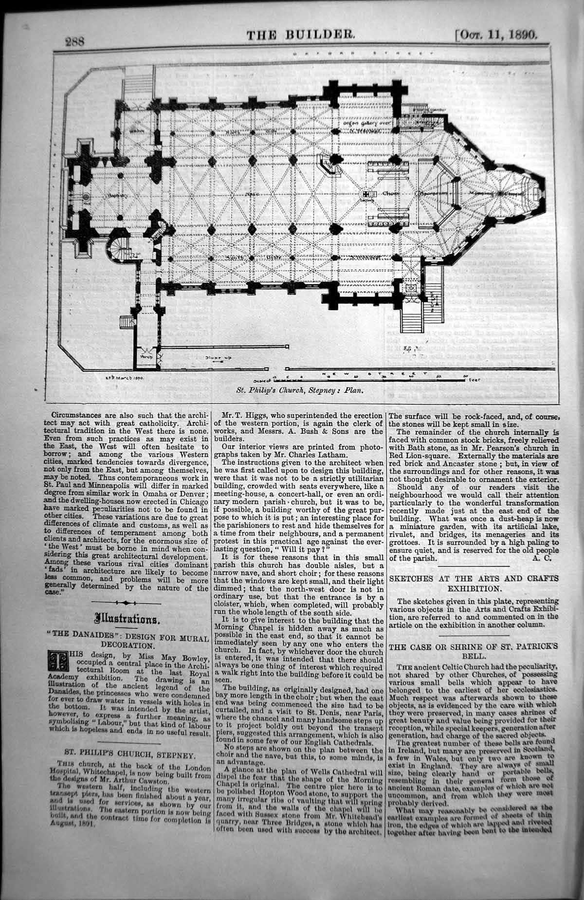Antique Old Print St Philips Church Stepney Plan Architecture 1890 Builder 19th