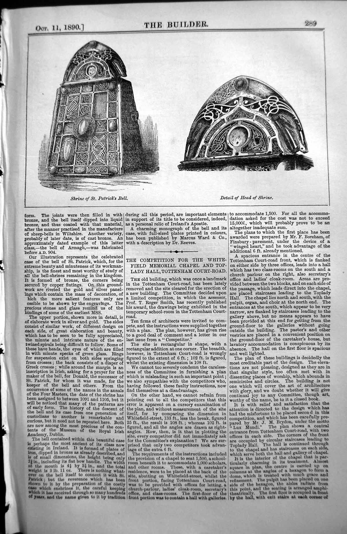 Antique Print St Patricks Bell Shrine Head Detail Architecture 1890 Builder