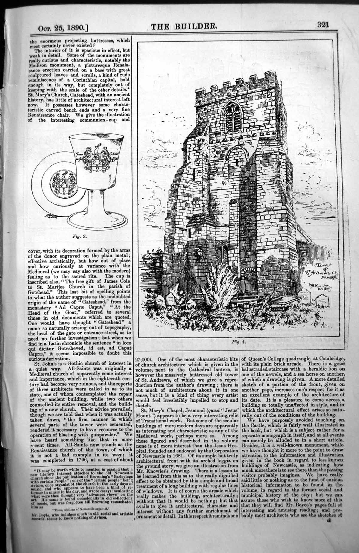 Antique Print Tower St Andrews Newcastle Exterior Architecture 1890 Builder