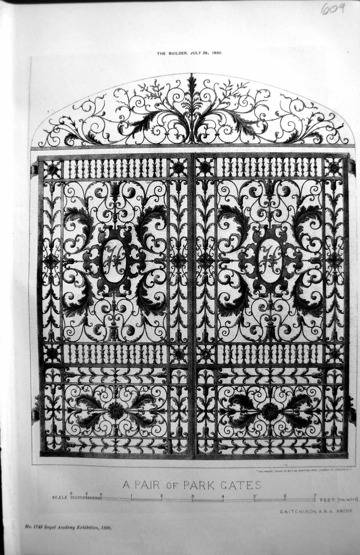 Old Print Pair Park Gates Aitchison Royal Academy Exhibition Architectur