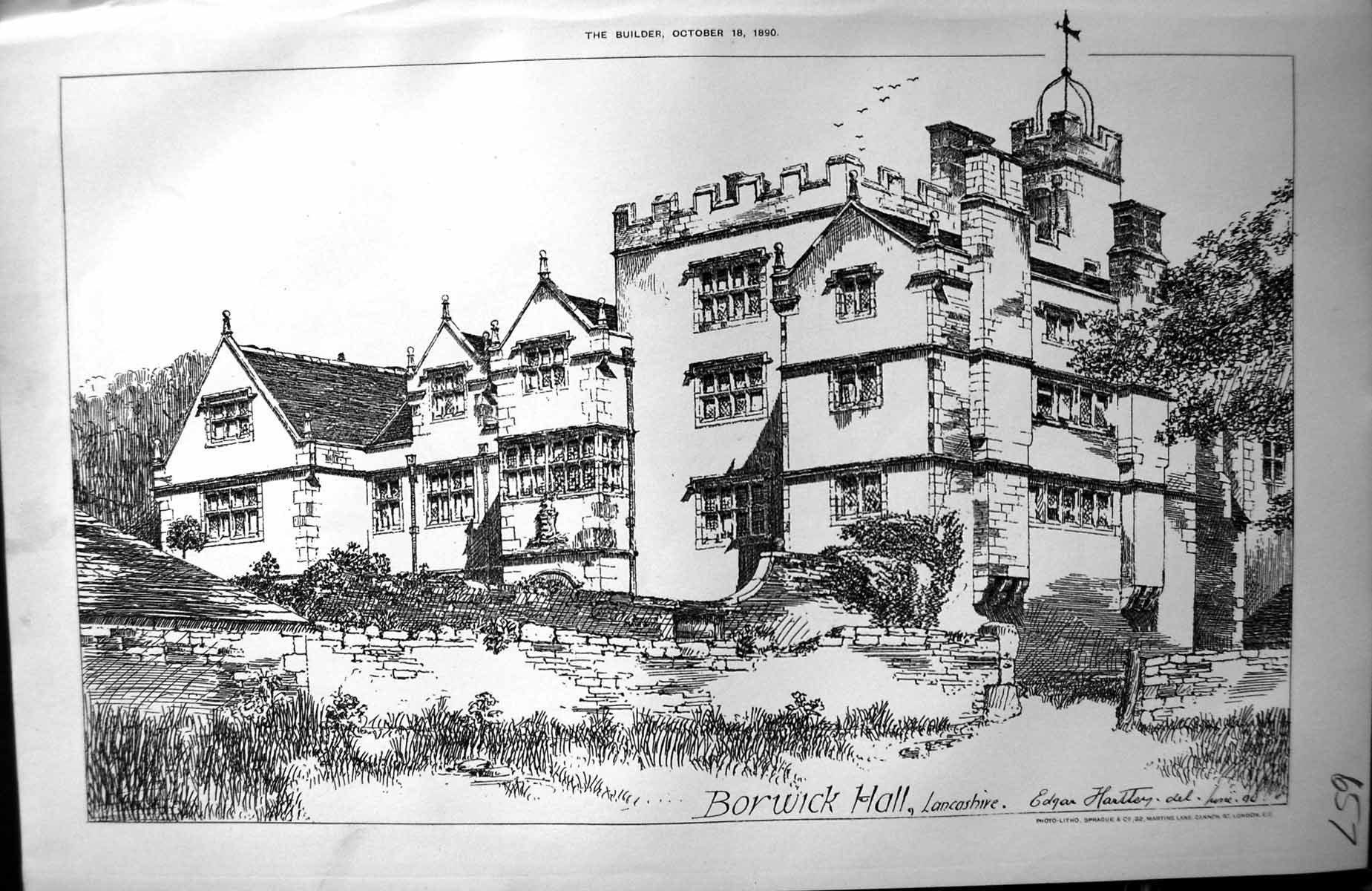 Antique Old Print Borwick Hall Lancashire Hartley Architecture 1890 Builder