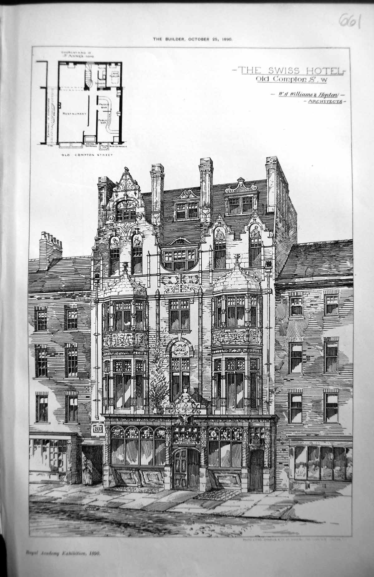Antique Print Swiss Hotel Compton Street Williams Hopton Architecture 1890 19th