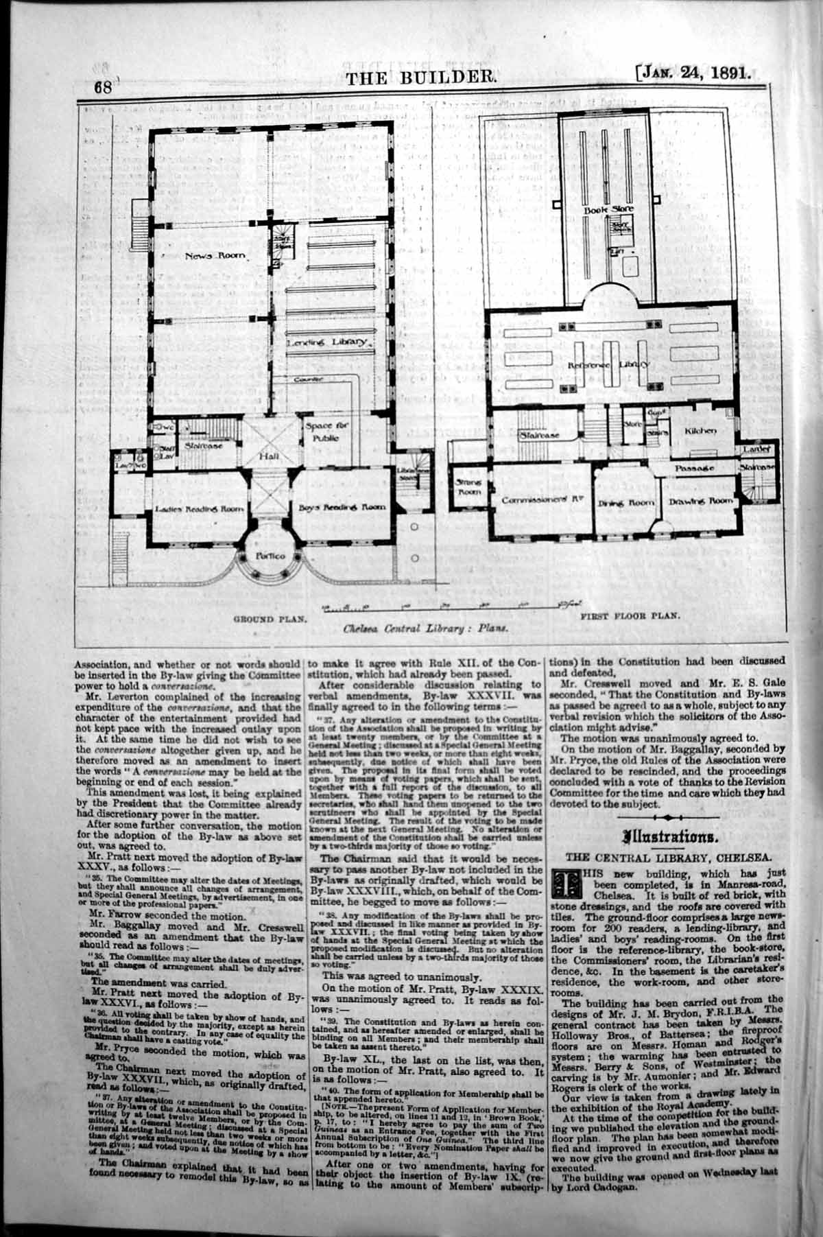 Old Antique Print Plan Chelsea Central Library Builder 1891 Architecture 19th