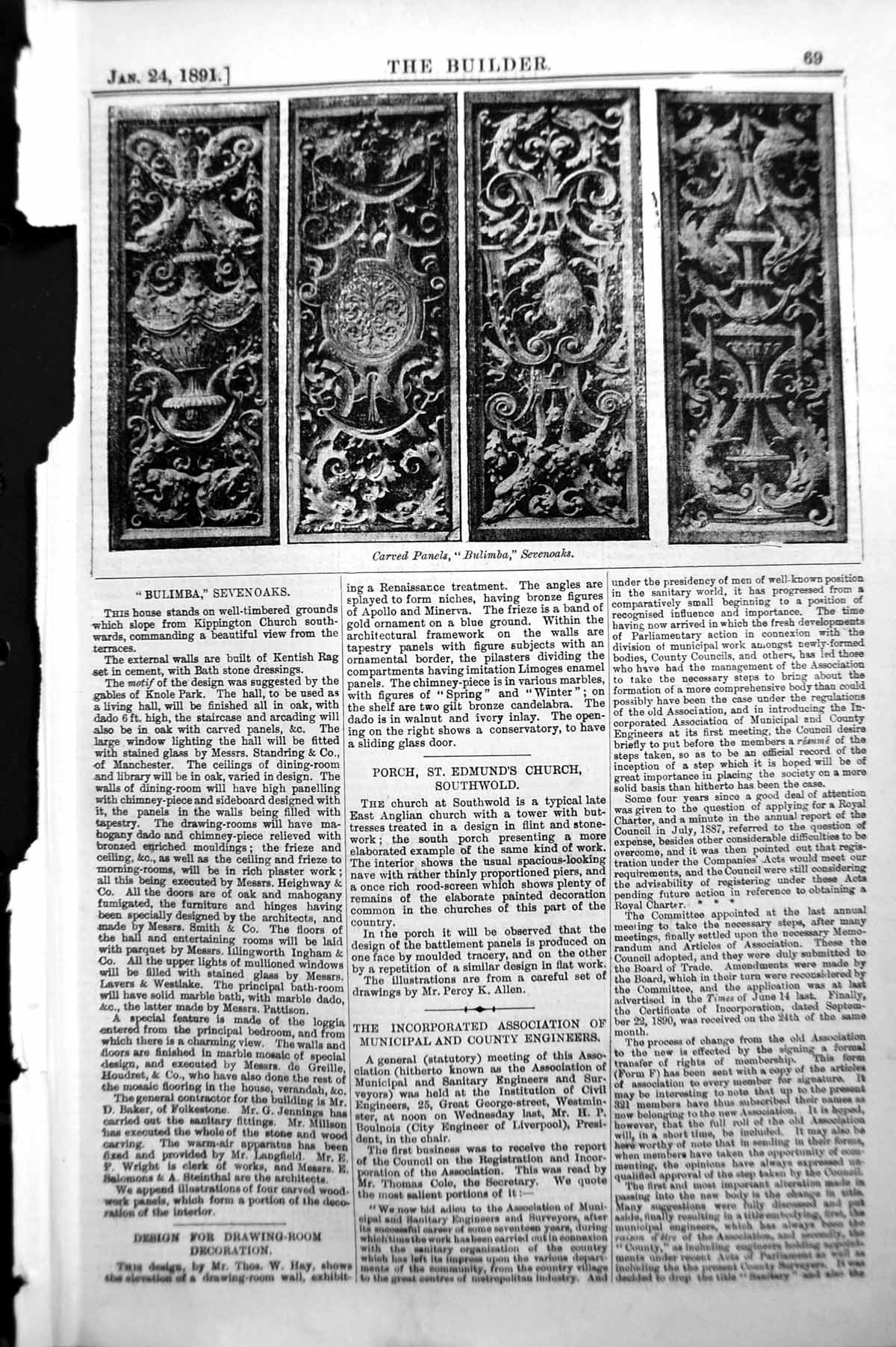 Old Antique Print Builder 1891 Carved Panels Bulimba Sevenoaks Decoration 19th