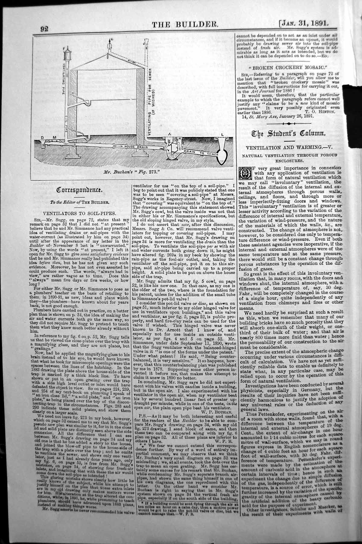 Original Old Antique Print Builder 1891 Ventilators Soil Pipes Buchan Sewer