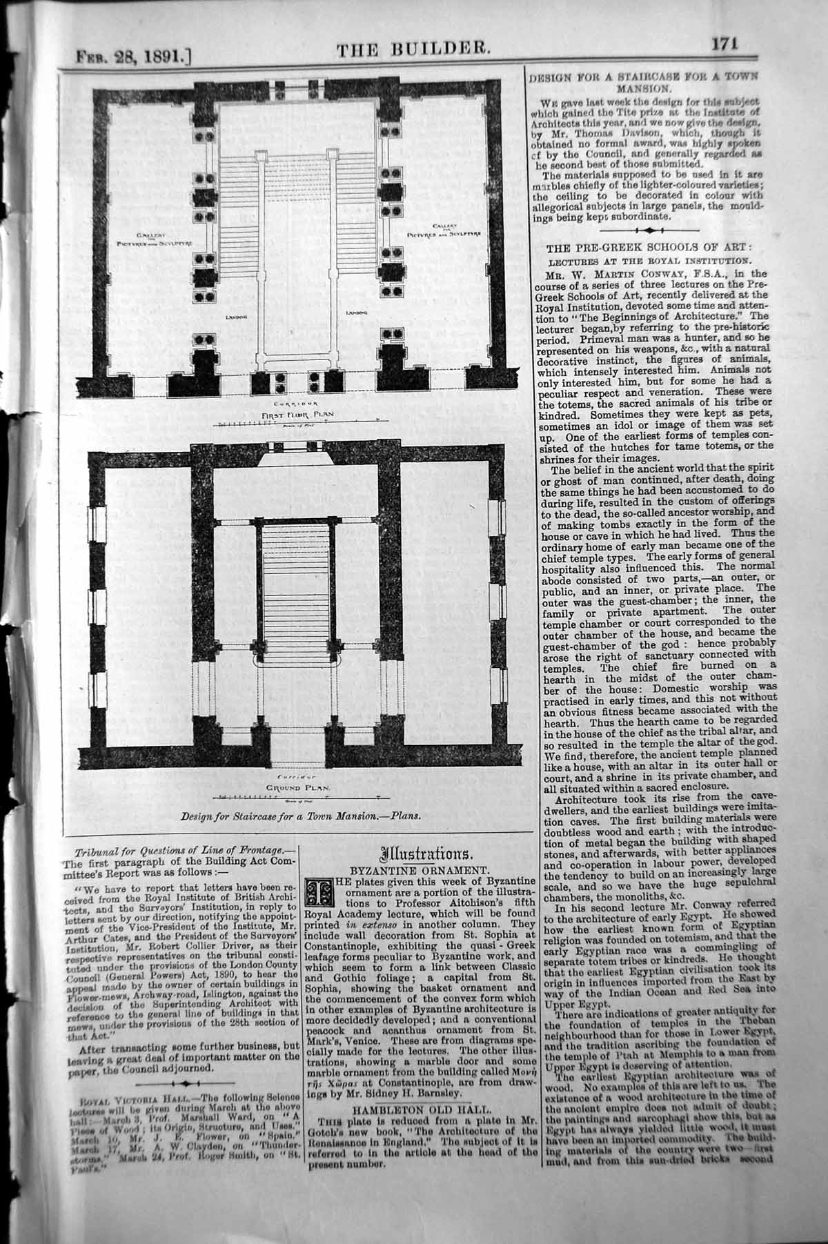 Antique Print Builder 1891 Architecture Design Plans Staircase Town Mansion
