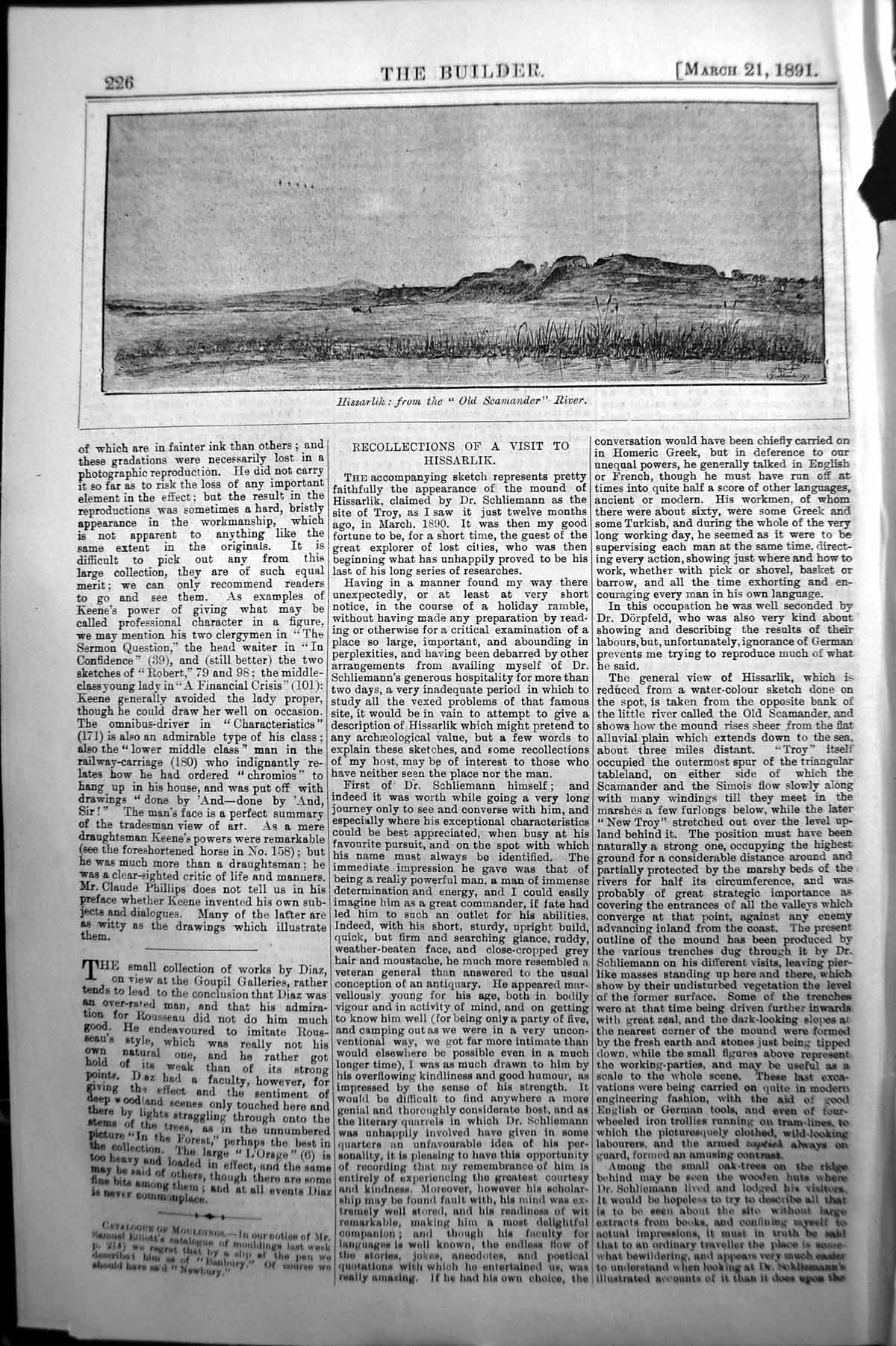 Original Old Antique Print Builder 1891 View Hissarlik Scamander River 19th