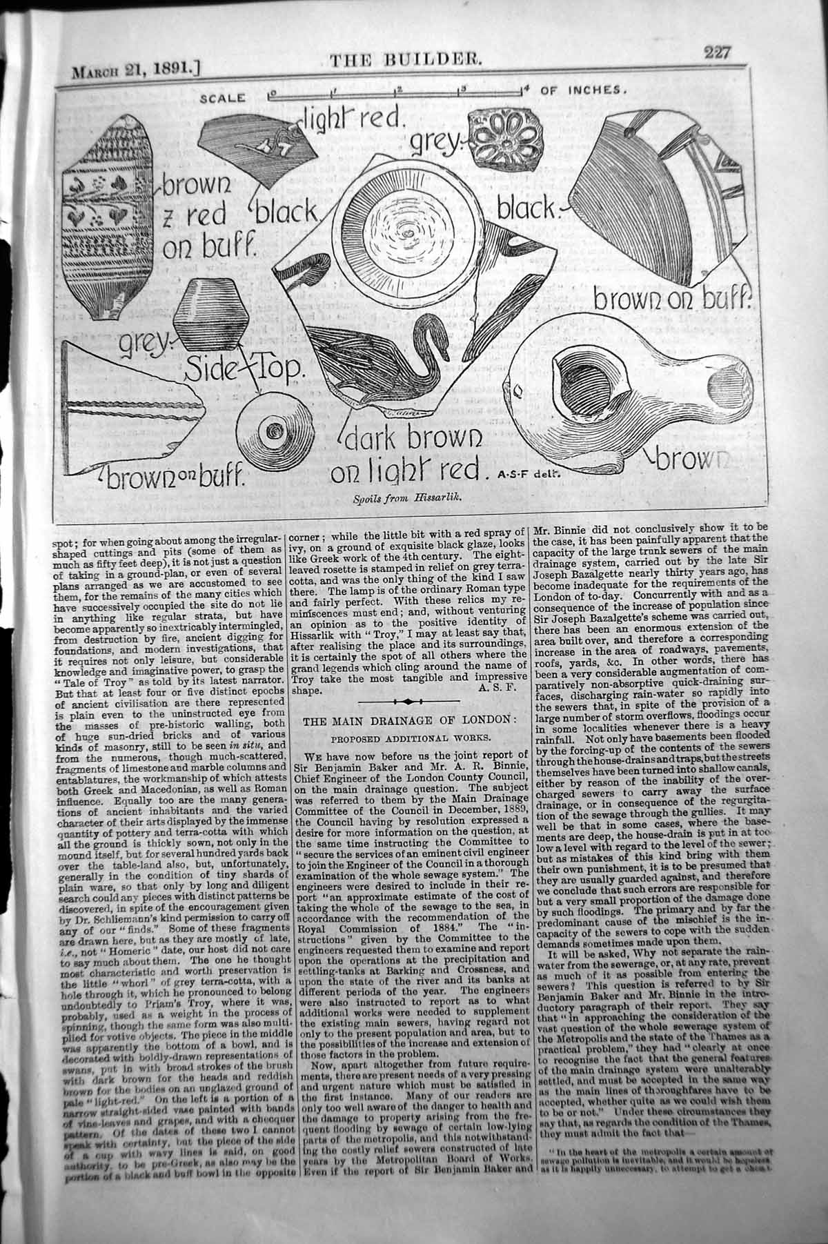 Original Old Antique Print Builder 1891 Archaeology Spoils Hissarlik Victorian