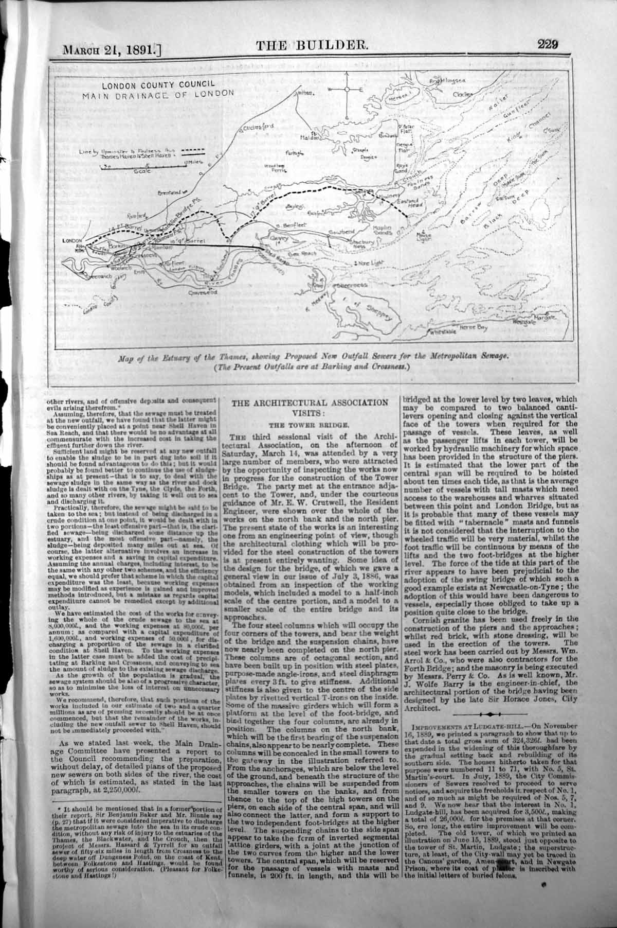 Old Builder 1891 Map Estuary River Thames Outfall Sewers Metropolitan Victorian