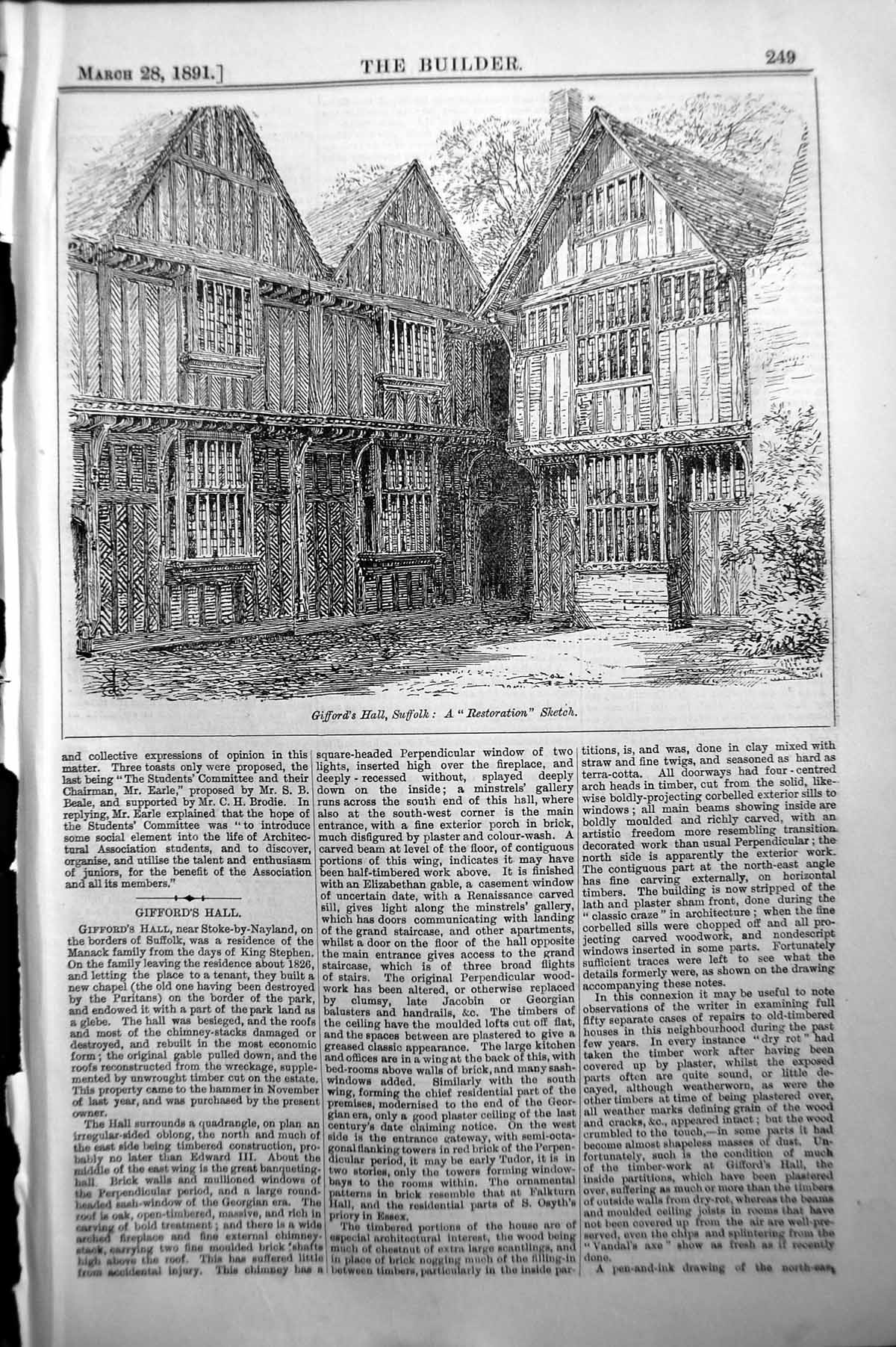 Antique Print Builder 1891 Architecture Gifford'S Hall Suffolk Restoration 19th