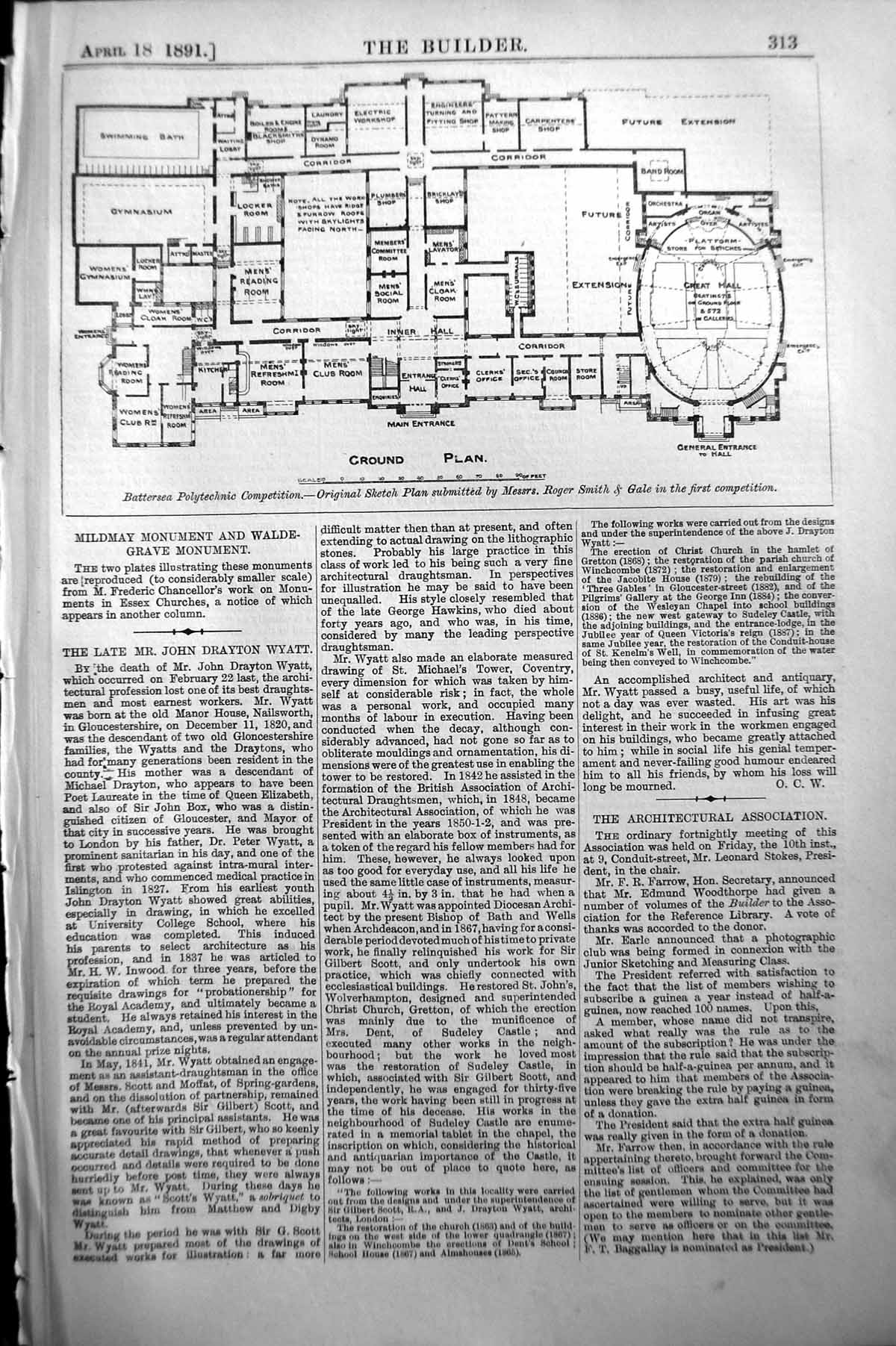 Old Builder 1891 Architecture Ground Plan Battersea Polytechnic Compe Victorian