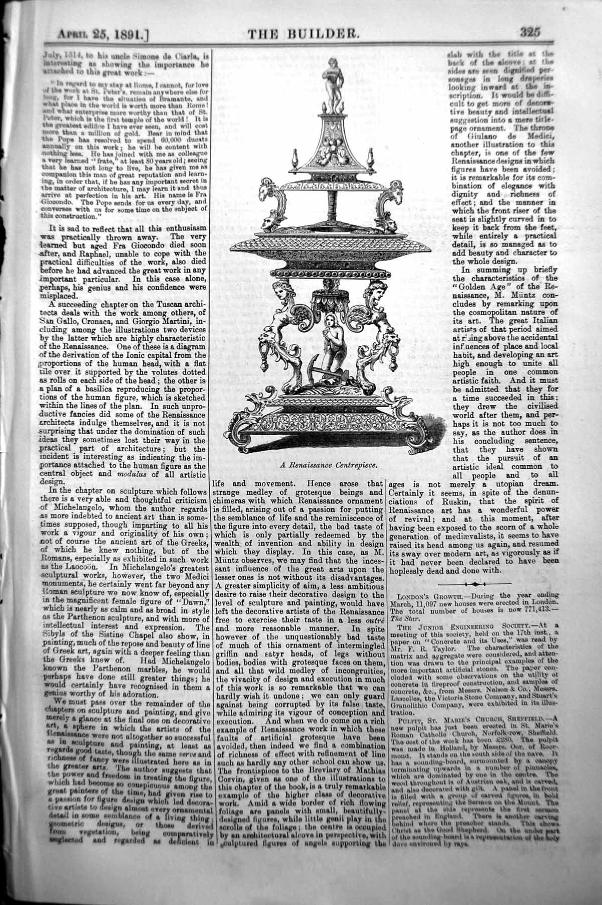 Original Old Antique Print Builder 1891 Renaissance Centrepiece Decoration 19th