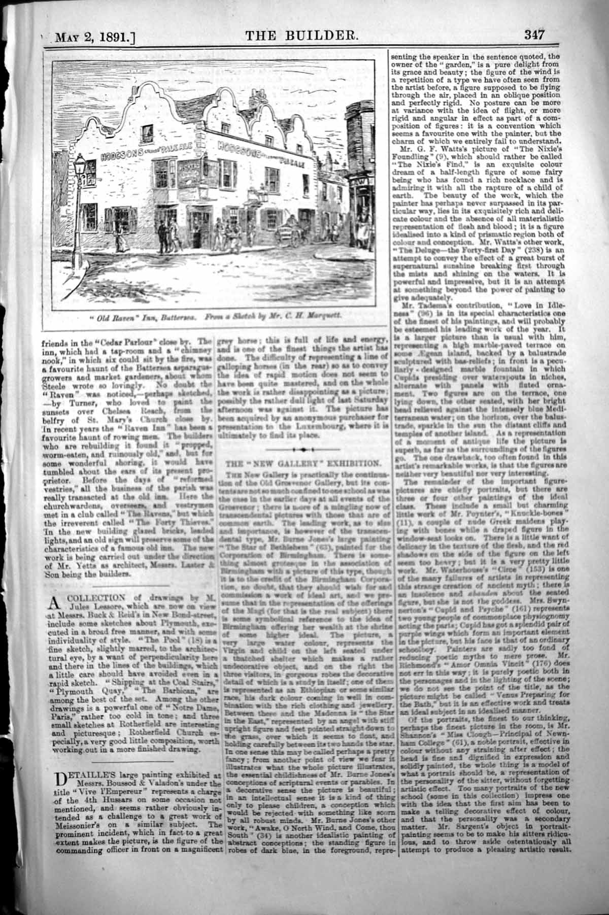 Old Antique Print Builder 1891 Architecture Raven Inn Battersea Marquett 19th