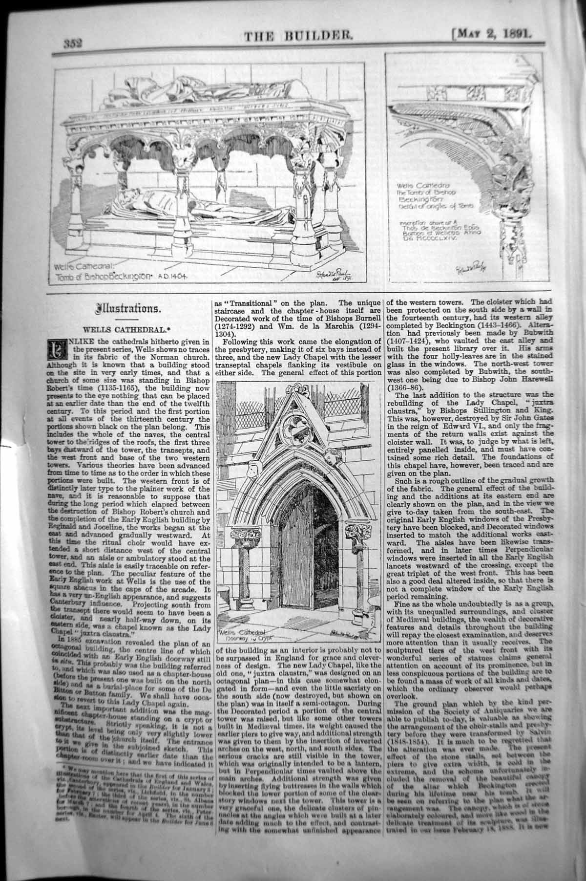 Old Builder 1891 Architecture Wells Cathedral Tomb Bishop Beckington Victorian
