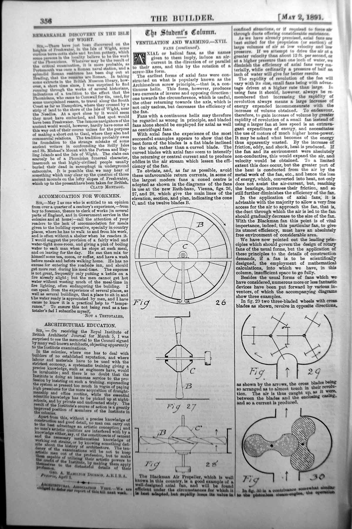 Original Old Antique Print Builder 1891 Ventilation Warming Diagrams Victorian