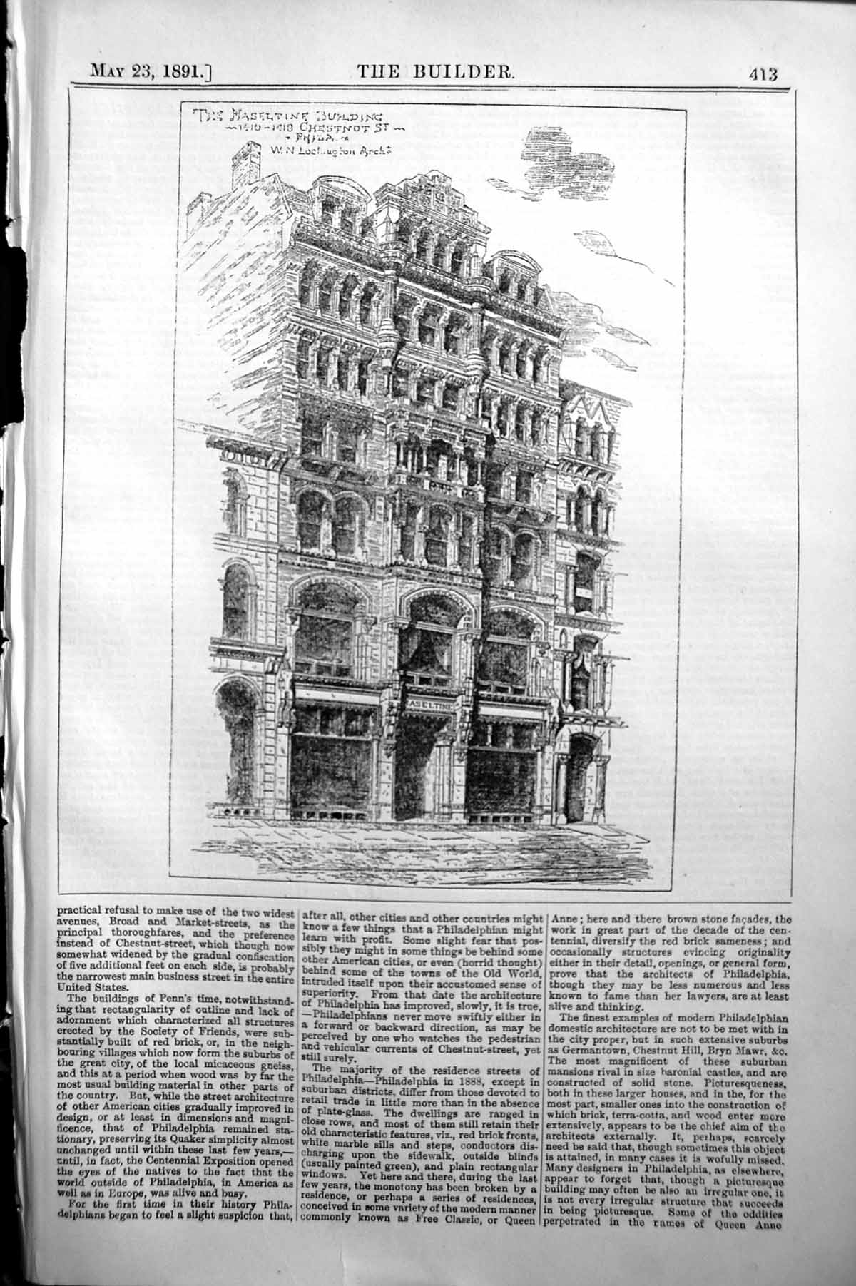 Antique Print Builder 1891 Architecture Maseltine Building Chestnot Street 19th