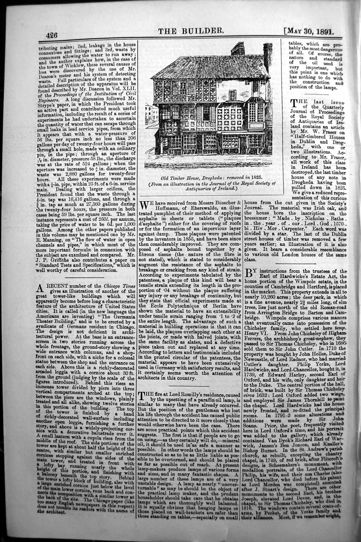 Original Old Antique Print Builder 1891 Architecture Timber Houses Drogheda
