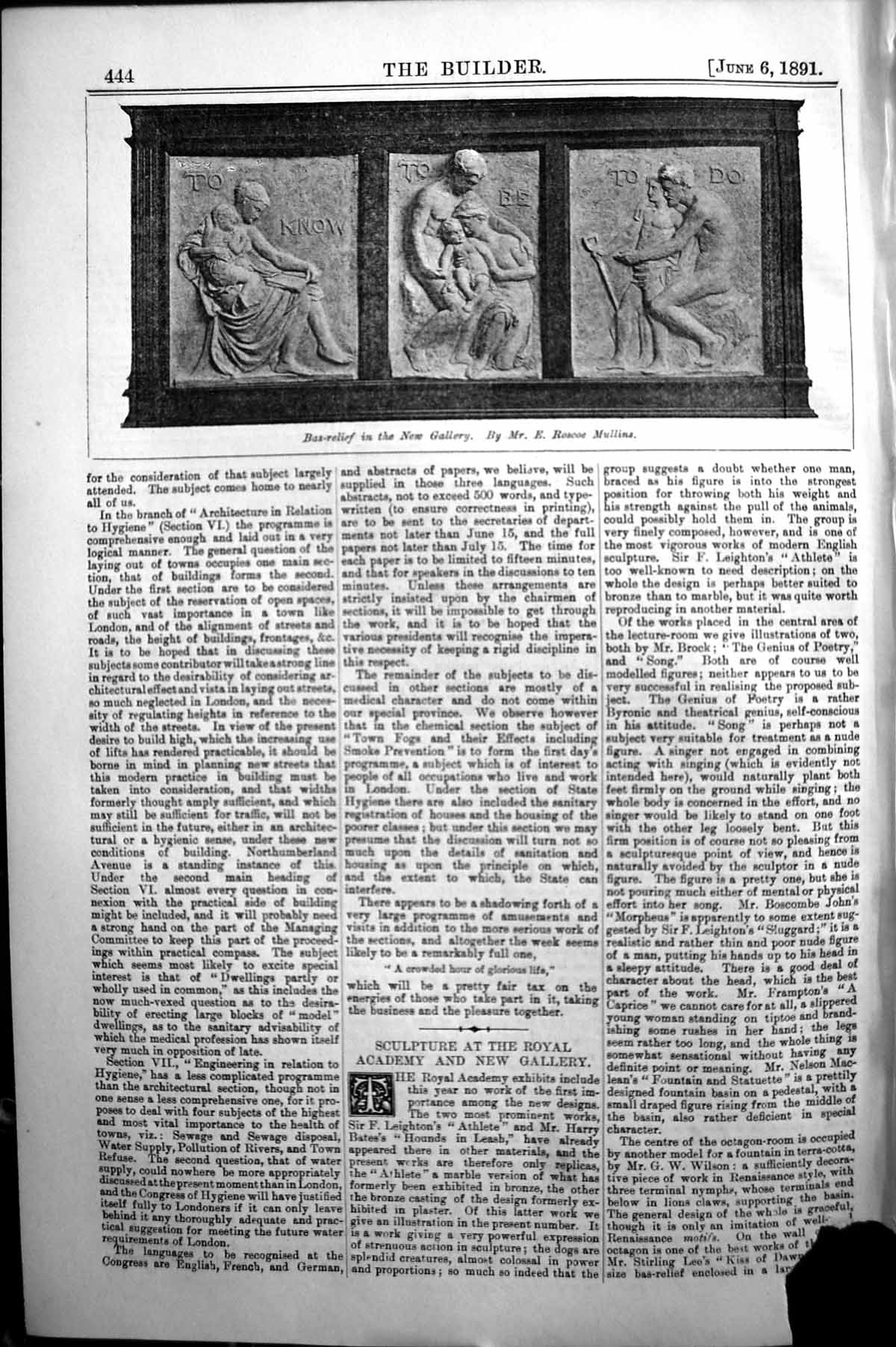 Antique Old Print Builder 1891 Sculpture Bas-Relief Gallery Roscoe Mullins 19th