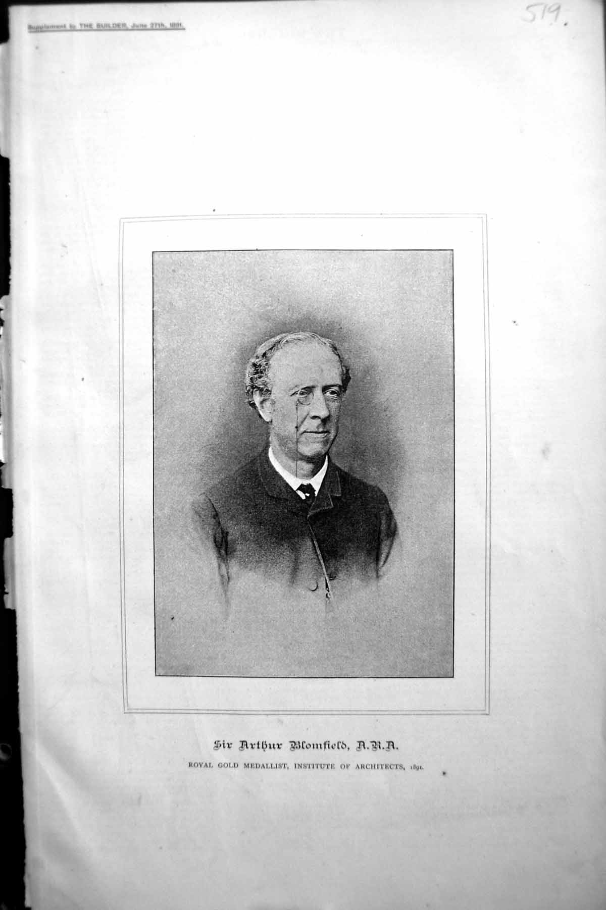 Antique Print Builder 1891 Portrait Sir Arthur Blomfield GMedallist Institu