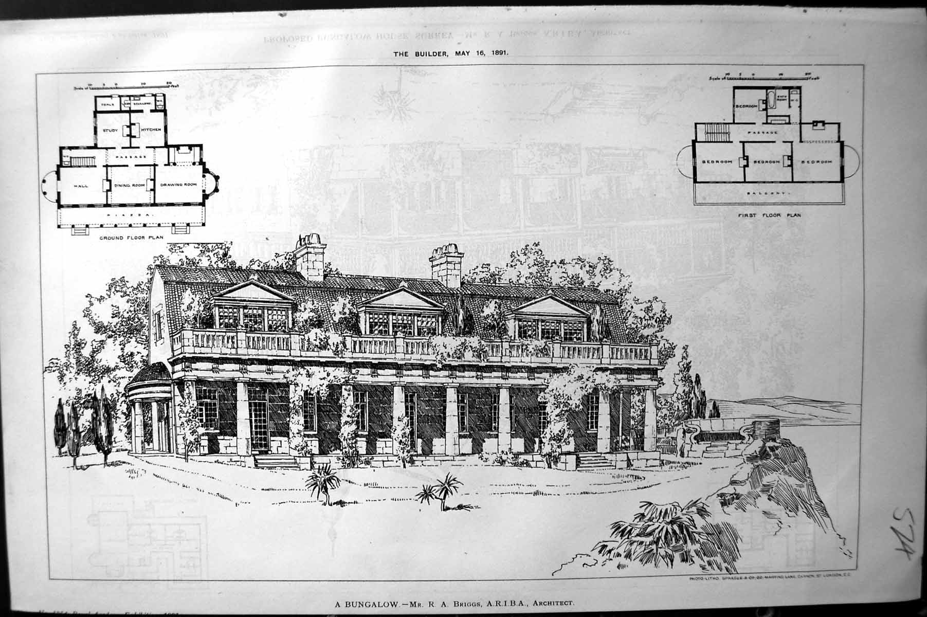 Original Old Antique Print Builder 1891 Architecture Bungalow House Plan Briggs