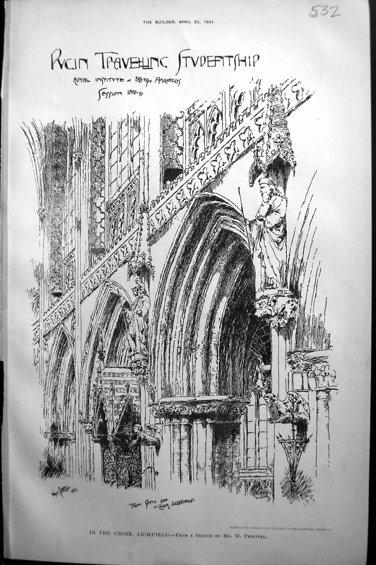Antique Print Builder 1891 Architecture Choir Lichfield Cathedral Percival 19th