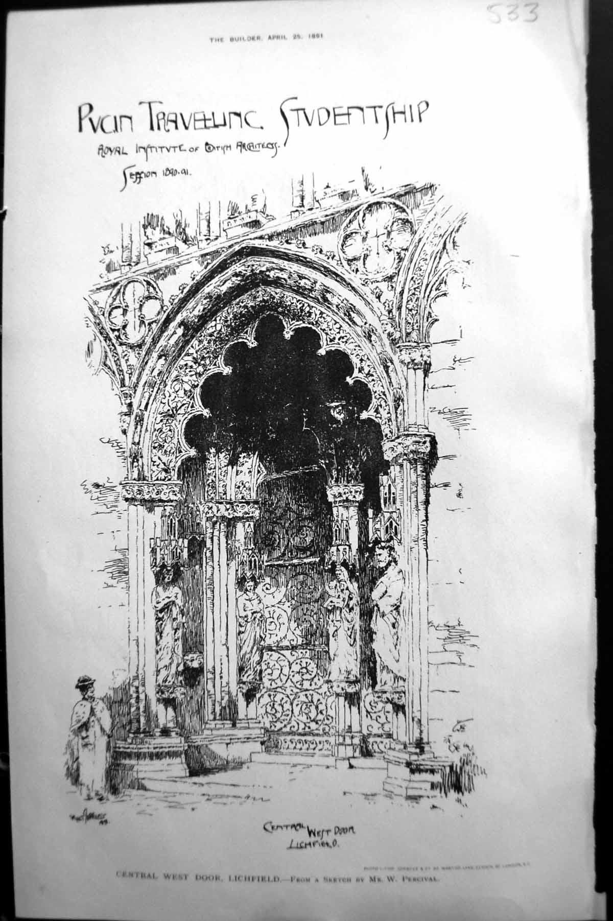 Old Print Builder 1891 Architecture Central West Door Lichfield Percival 19th