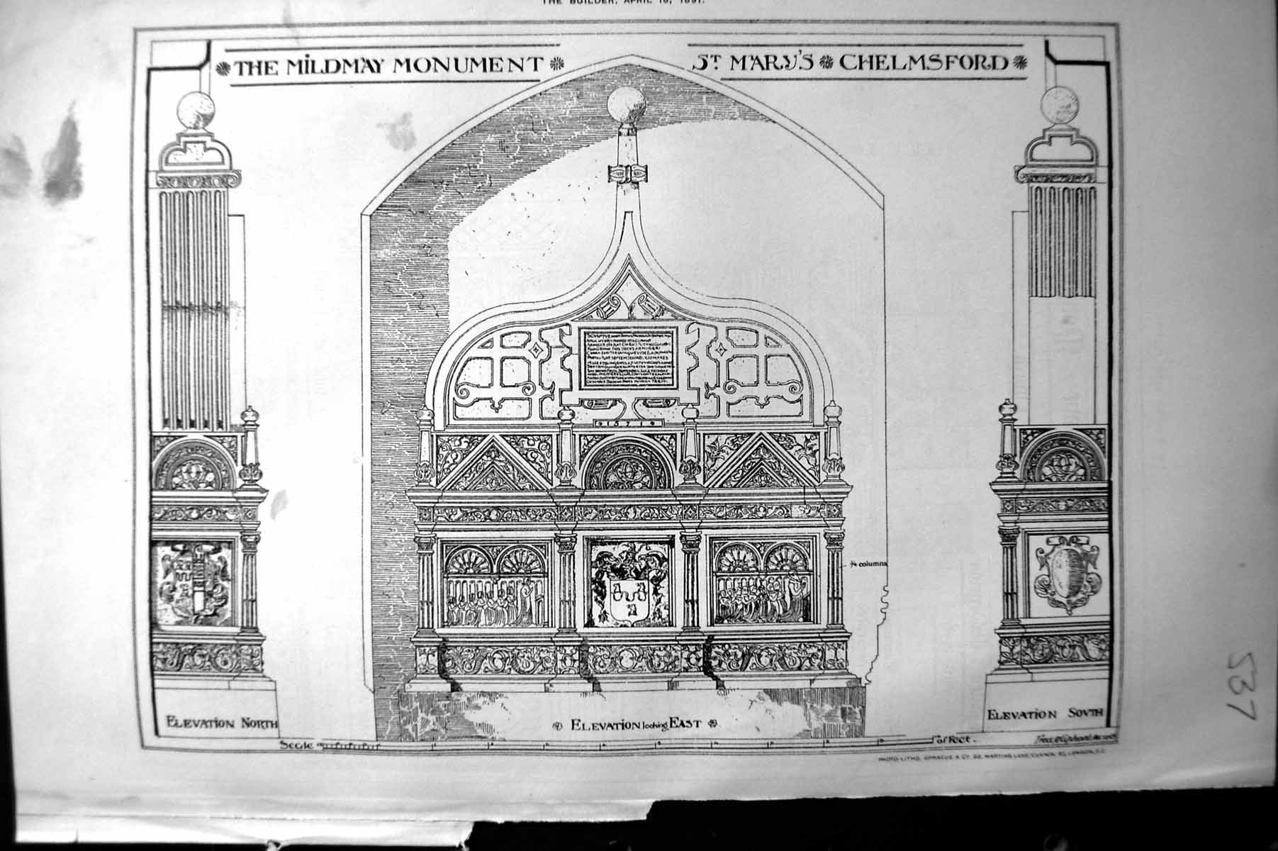 Original Old Antique Print Builder 1891 Mildmay Monument St. Mary'S Chelmsford