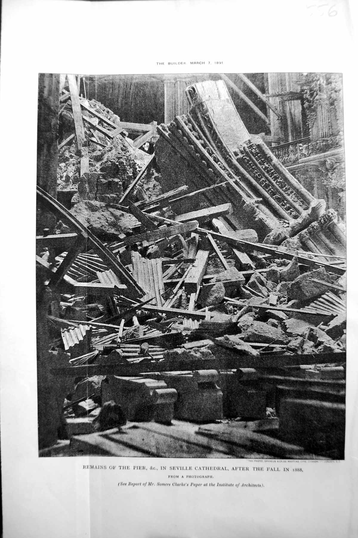 Original Old Antique Print Builder 1891 Remains Pier Seville Cathedral Ruins