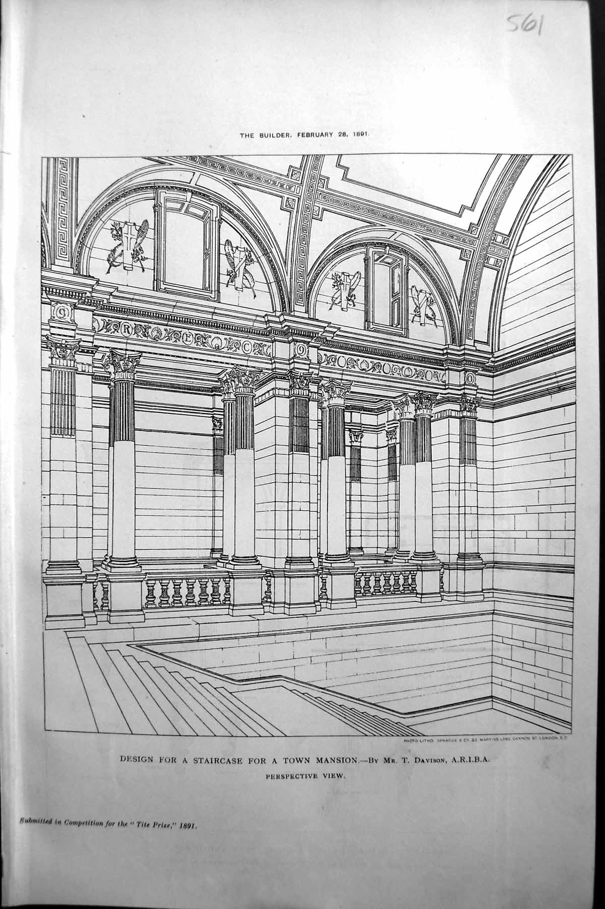 Old Print Design Staircase Town Mansion Davison Builder 1891 Architecture 19th