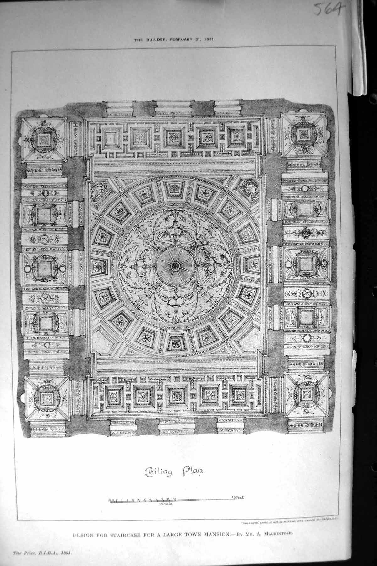 Antique Print Builder 1891 Design Staircase Large Town Mansion Ceiling Plan