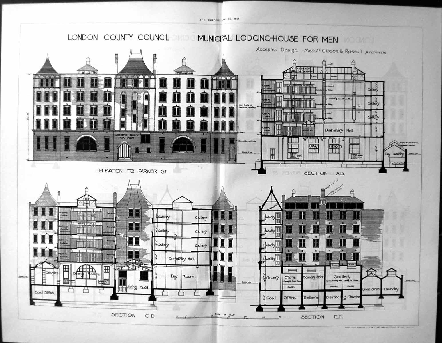 Old Builder 1891 Architecture Plan London County Council Lodging Hous 19th