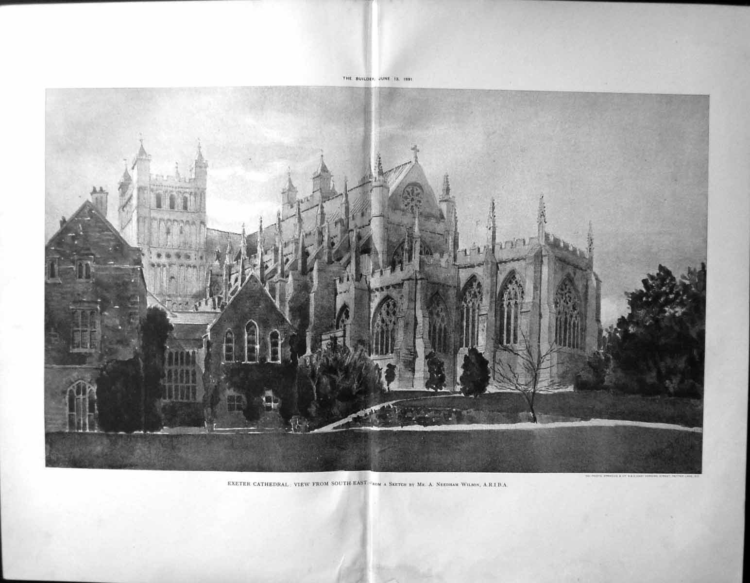 Antique Old Print Builder 1891 Architecture Exeter Cathedral Needham Wilson