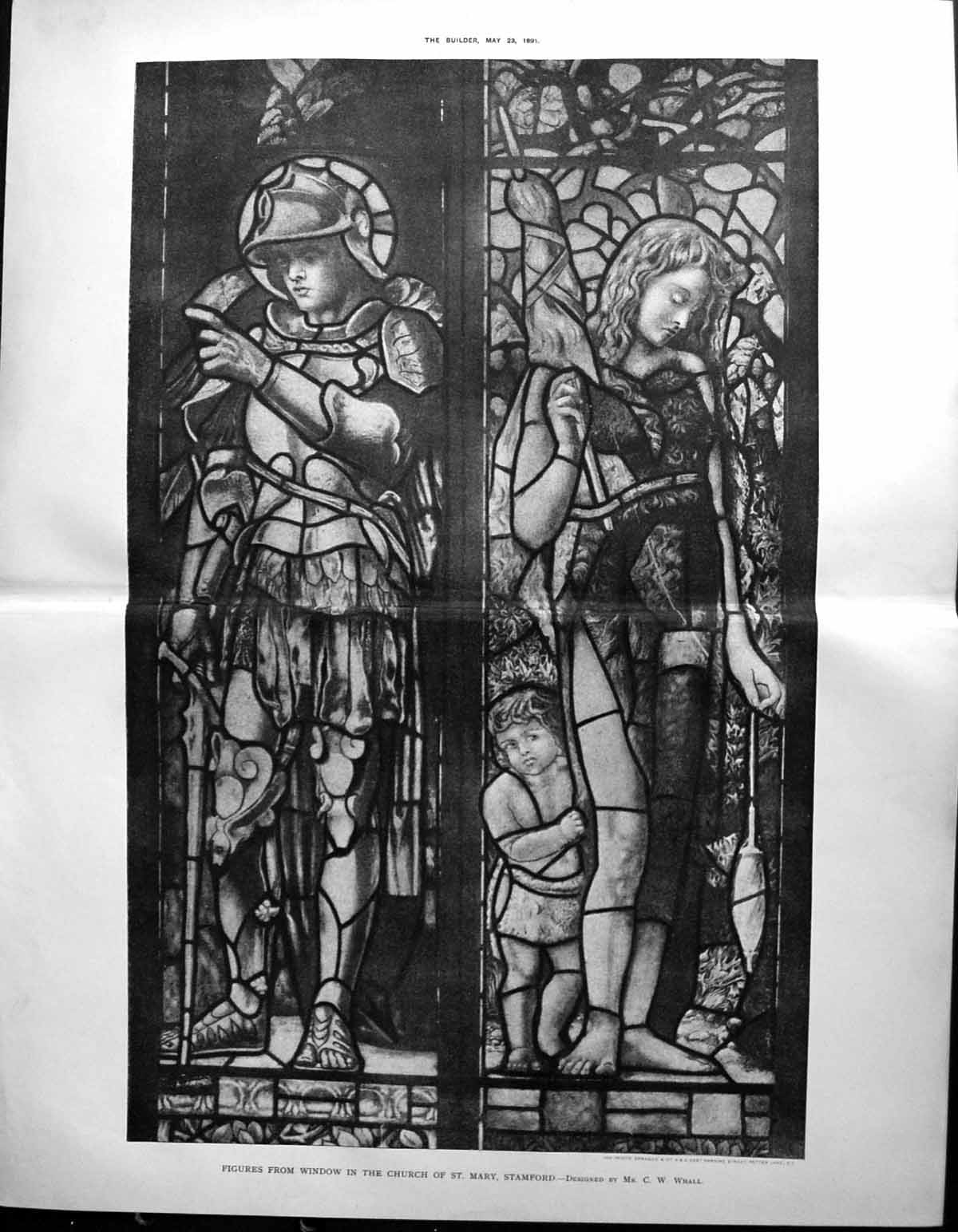 Antique Old Print Builder 1891 Figures Window Church St. Mary Stamford Whall