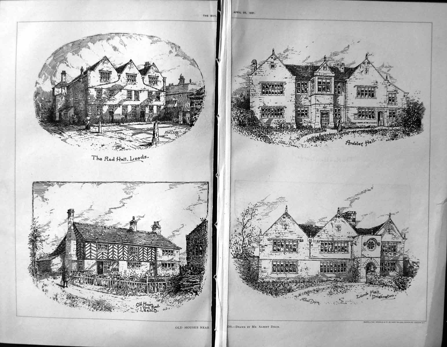 Antique Old Print Damaged Builder 1891 Architecture Red Hall Leeds Ardsley